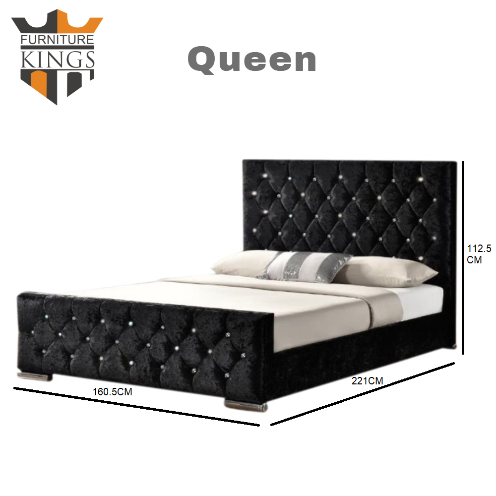 Allegra Queen King Bed Velvet Fabric, Diamond Studded Bed Frame