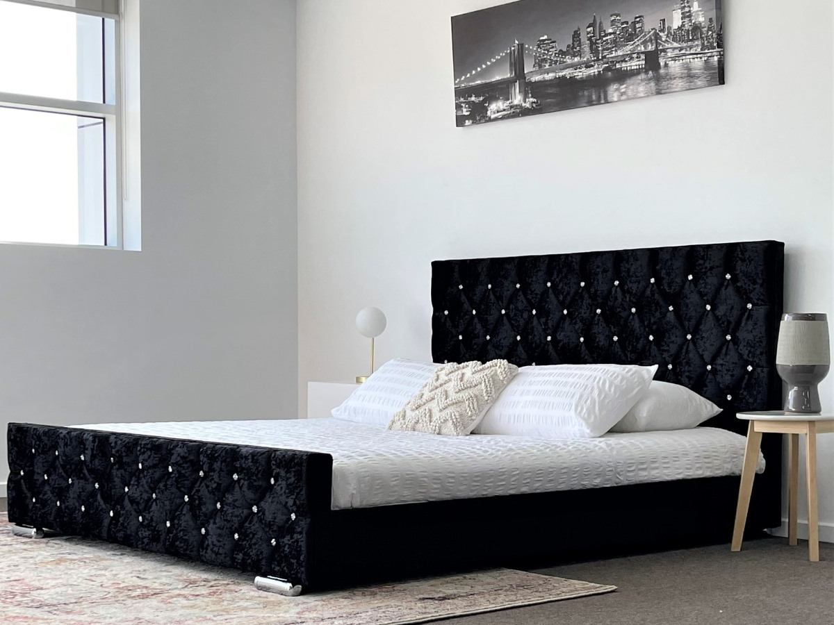 QUEEN KING BED FRAME VELVET FABRIC BLACK DIAMOND STUDDED UPHOLSTERED VS