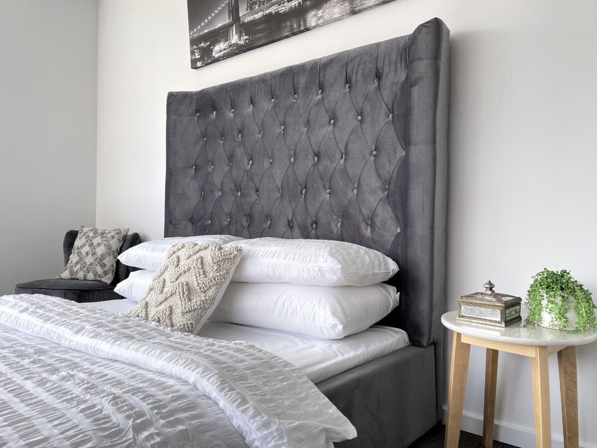 Aspen Queen Bed Frame Studded Fabric Grey Plush Velvet Upholstered Tall