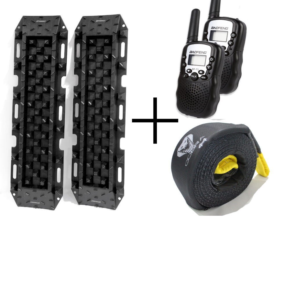 4x4 Mud Sand Tracks x 2 + WALKIE TALKIE RADIO + Recovery Strap 9m BLACK
