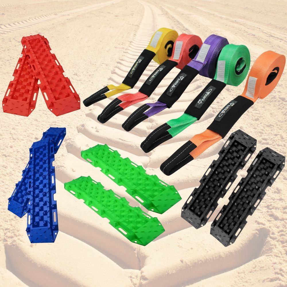 4x4 Mud Sand Snow Tracks x2 + 9M Tow Recovery Snatch Strap Black Green Red Blue Purple Orange Yellow Rope Bogged 