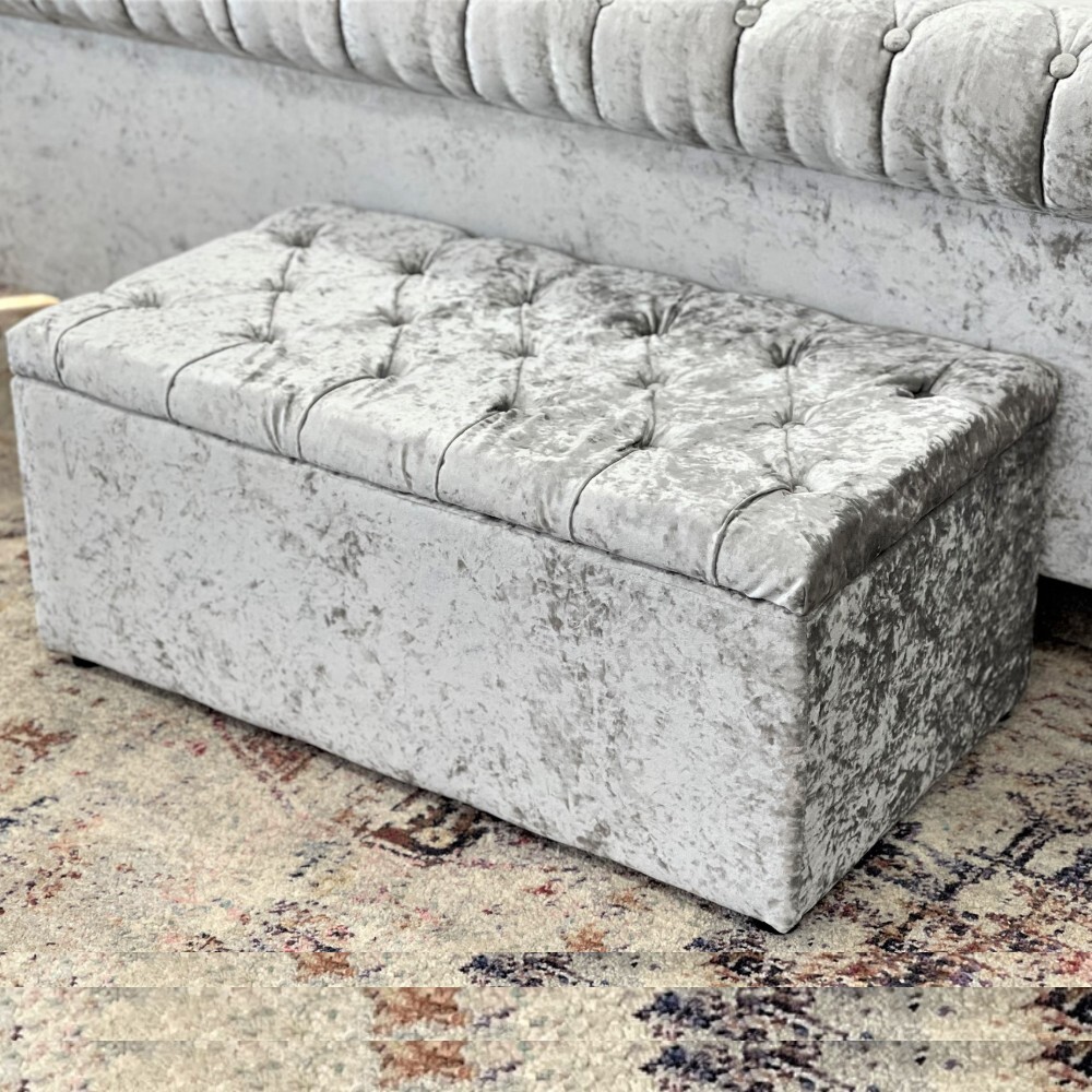 Silver Crushed Velvet Ottoman Upholstered Fabric Tufts Storage Bench for Bed