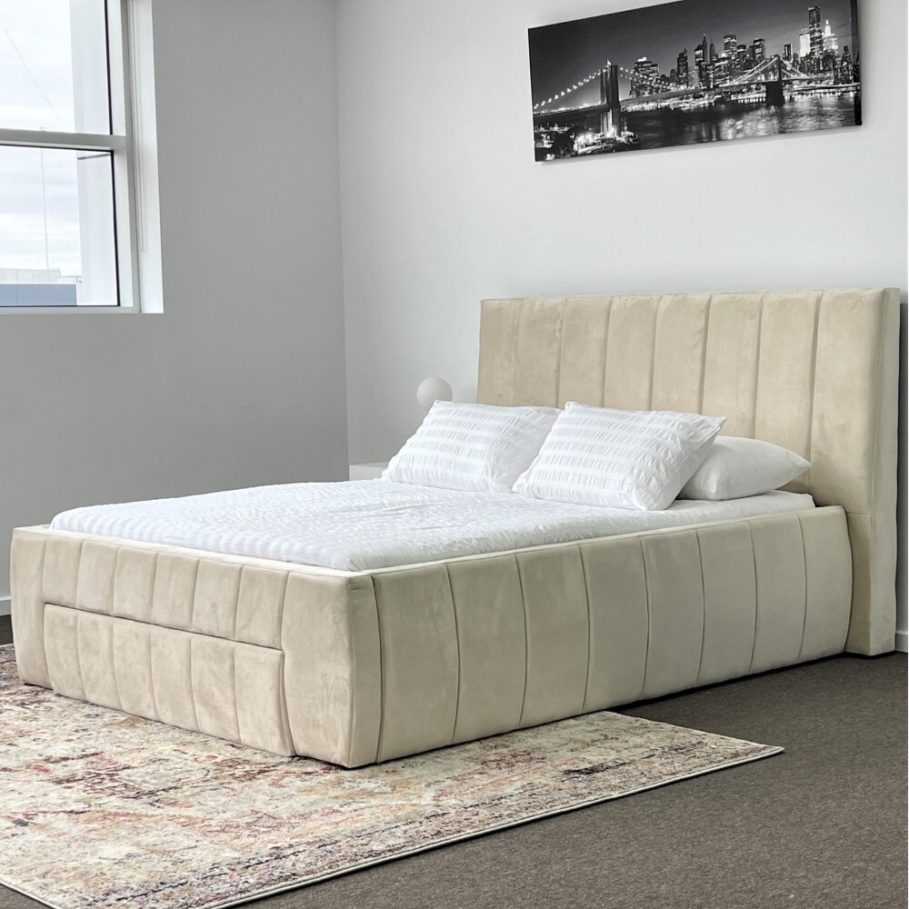 Luna Queen Bed Frame Beige Plush Velvet Fabric Upholstered Storage Drawer
