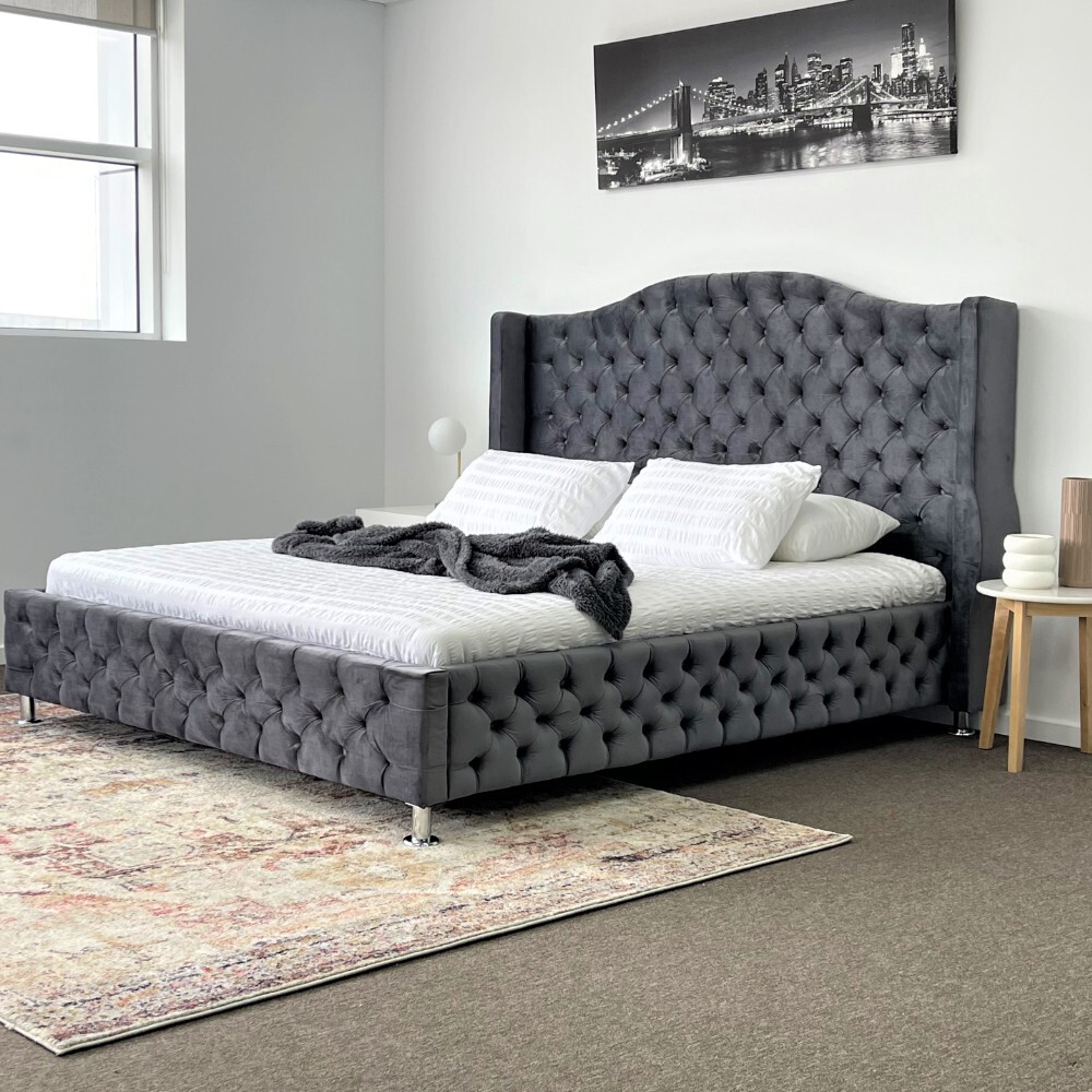 Aurora King Bed Frame Studded Fabric Grey Plush Velvet Upholstered Tufts 