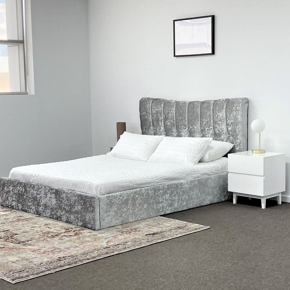 Siena Queen Size Gas Lift Storage Bed Frame Silver Crushed Velvet Fabric Upholstered 