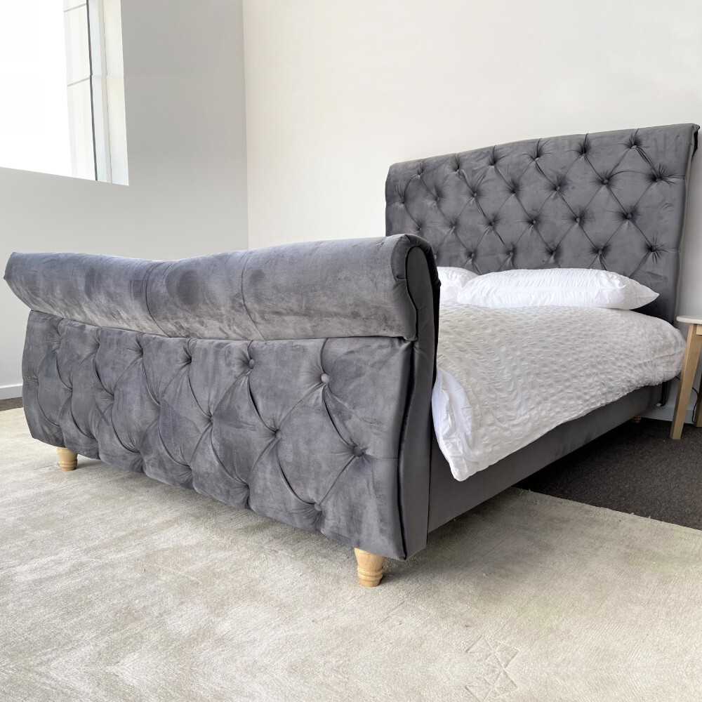 Azalea Double Bed Frame Studded Fabric Grey Plush Velvet Upholstered Tufts