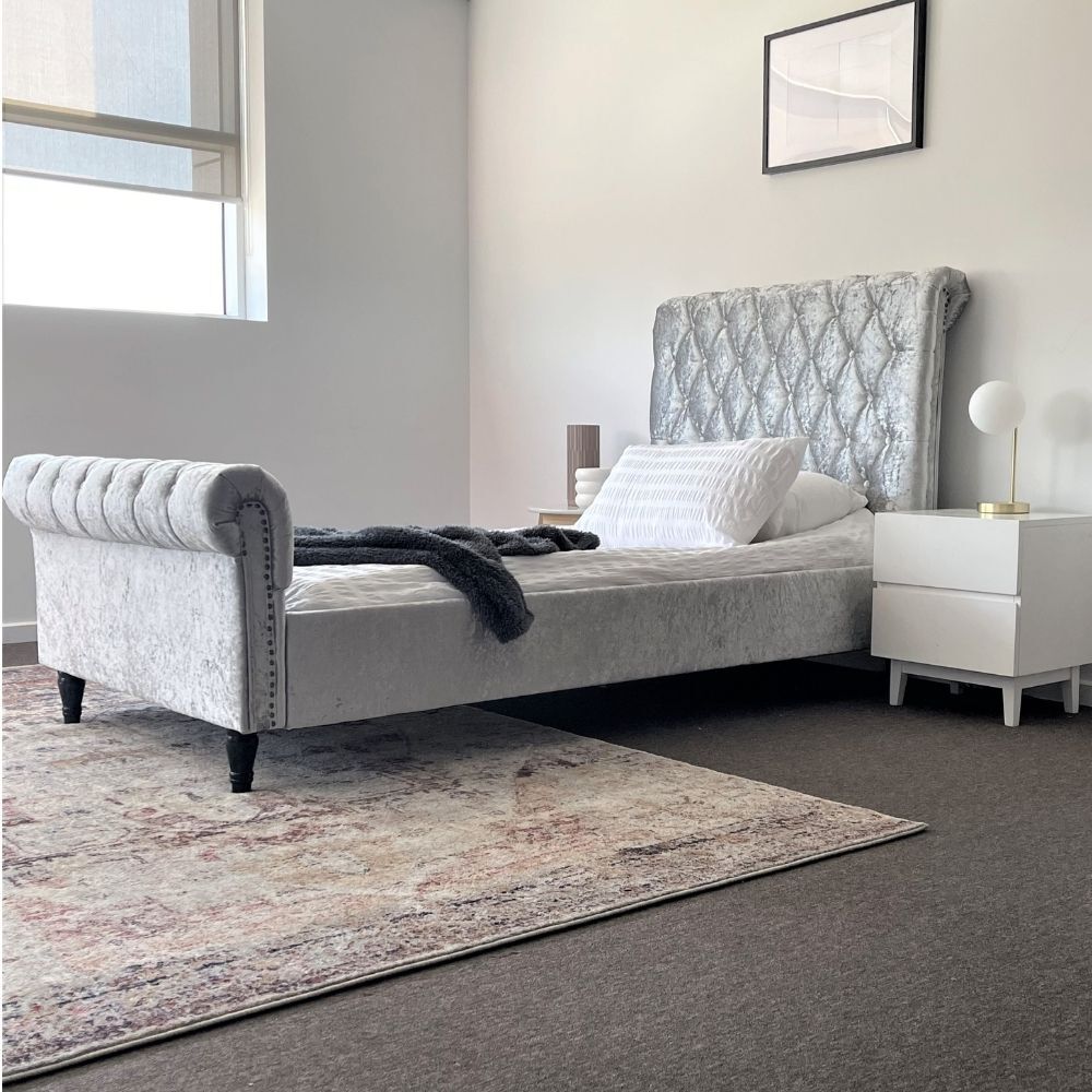 Venice King Single Size  Silver Grey Luxury Crushed Velvet Fabric Tufts Bed Frame Upholstered 