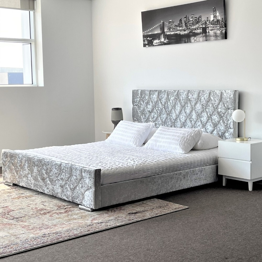 Allegra Diamond Tufted Silver Grey Velvet Bed Queen by Furniture kings