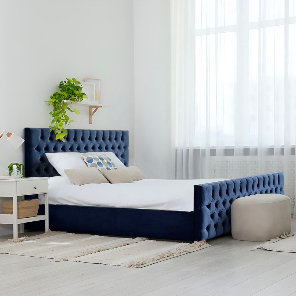 Milan King Bed Frame Studded Fabric Blue Plush Velvet Upholstered Tufts
