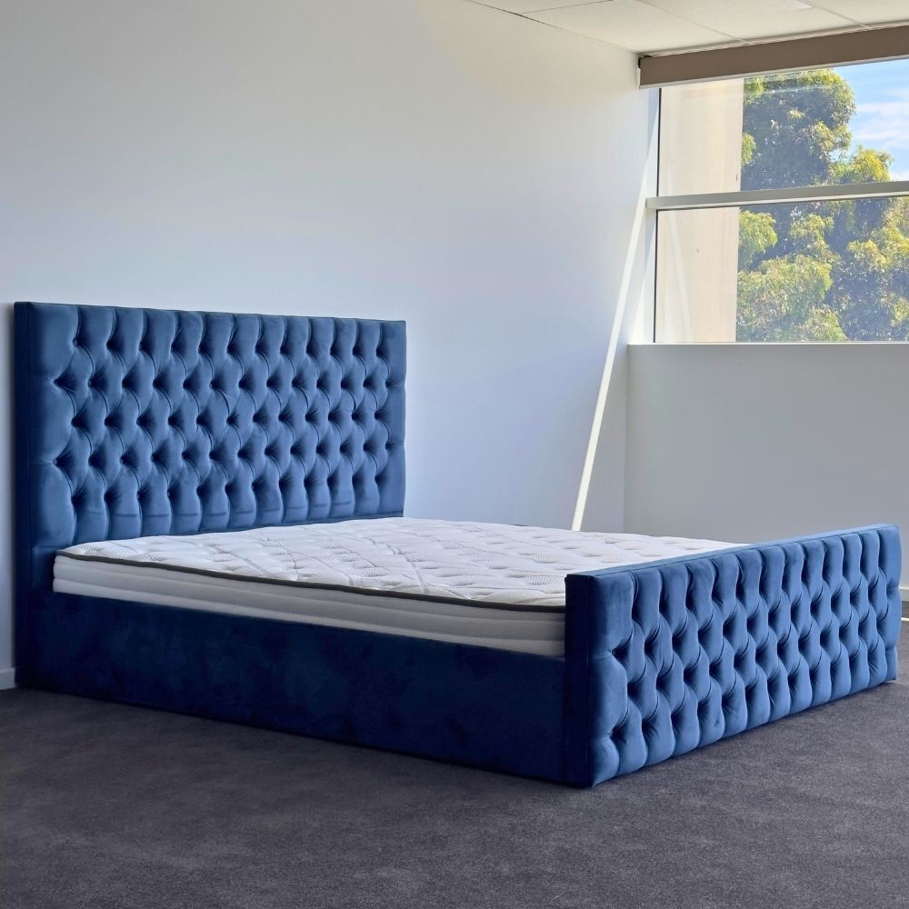 Milan King Bed Frame Studded Fabric Blue Plush Velvet Upholstered Tufts