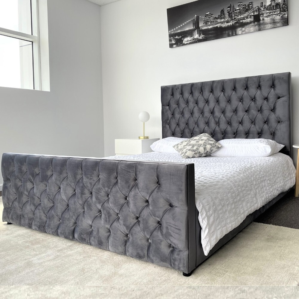 Milan Queen Bed Frame Studded Fabric Grey Plush Velvet Upholstered Tufts