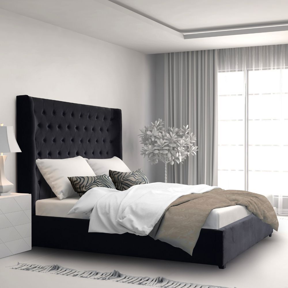 Black Aspen King Bed Frame Studded Fabric Plush Velvet Upholstered Tall Headboard Tufts