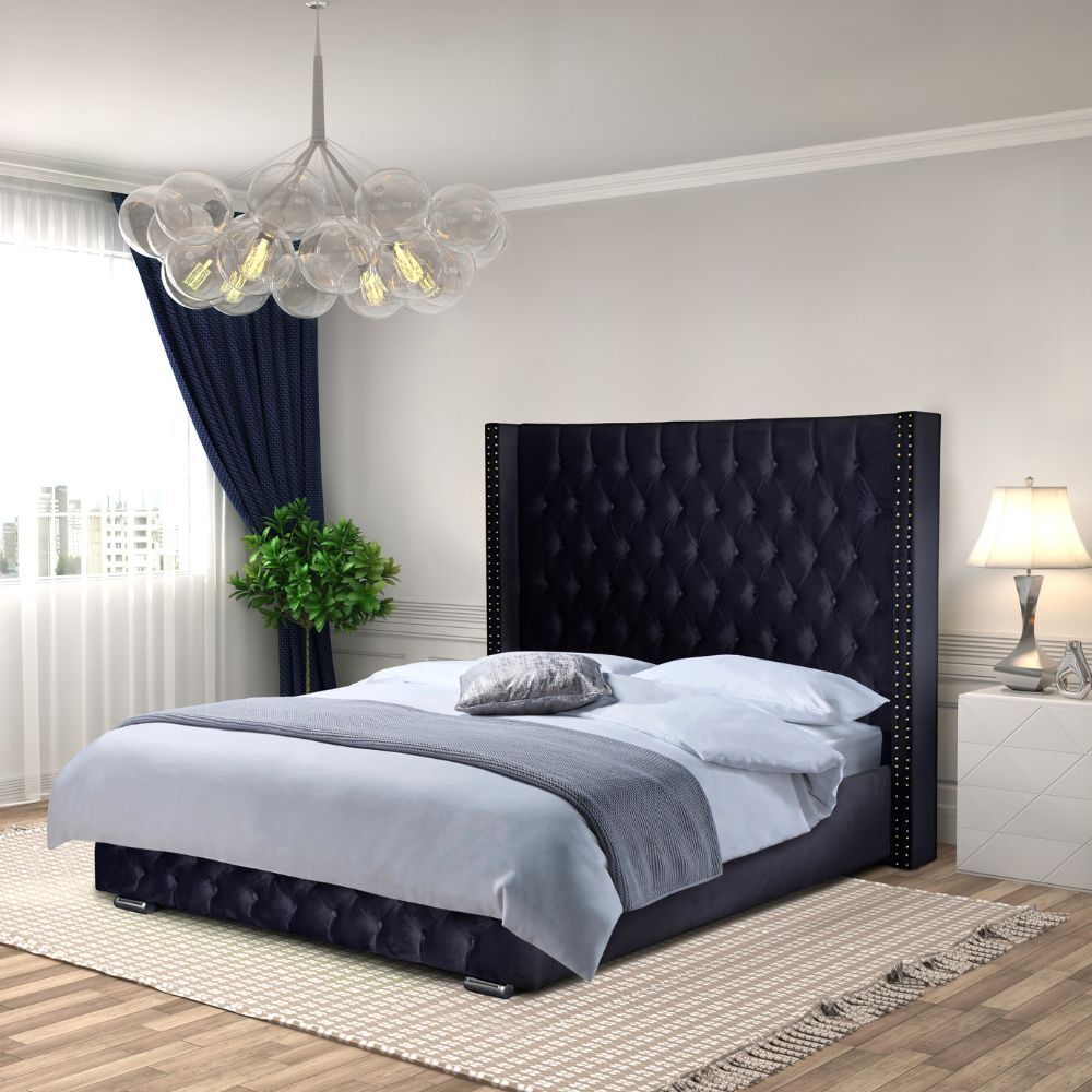 Salvatore Queen Bed Frame Studded Fabric Black Plush Velvet Upholstered Tall Headboard Tufts