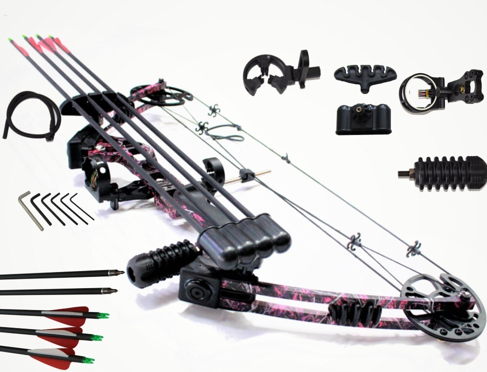 20-70lbs Pink Compound Bow + 5 Arrows + Accessories Pack RH