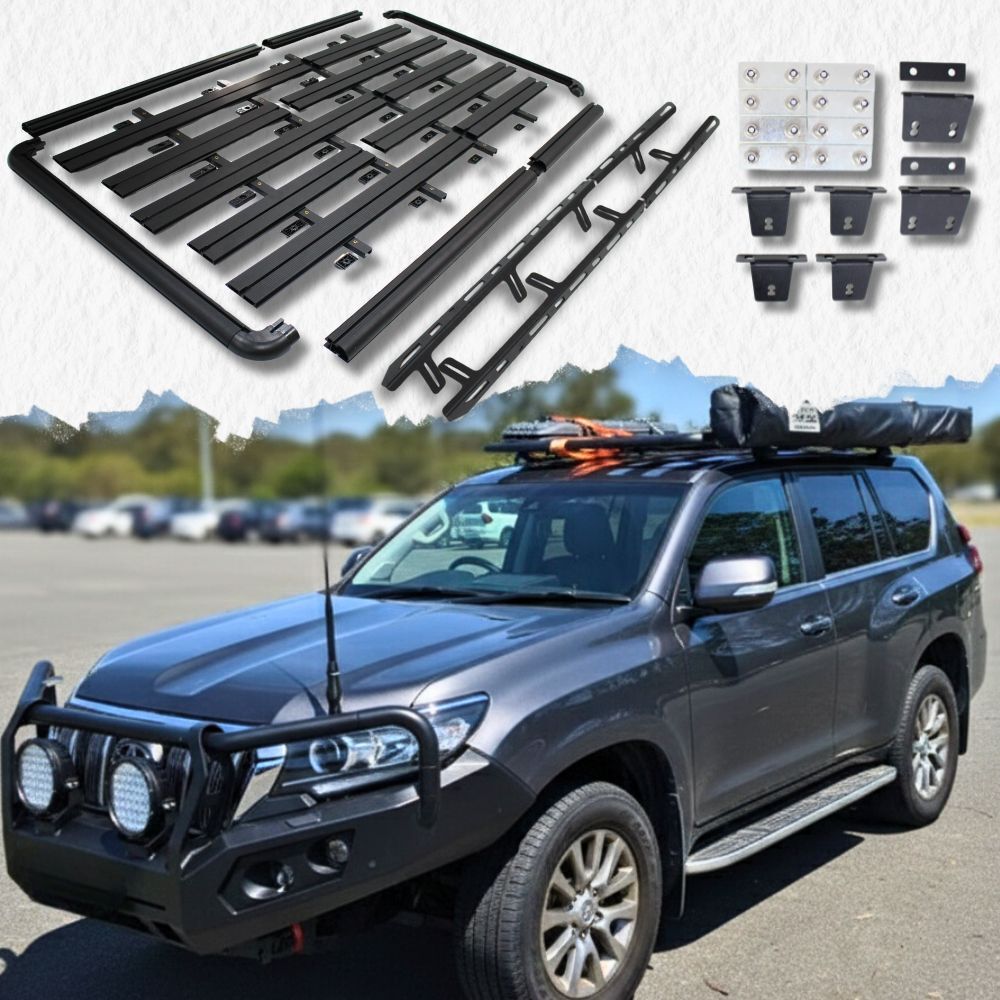 CLEARANCE CLEARANCE Modular Panel Unassembled Aluminium Flat Roof Rack Suits Landcruiser Prado 150 Series 2010 - 2022 220cm x 123cm Tradie Black