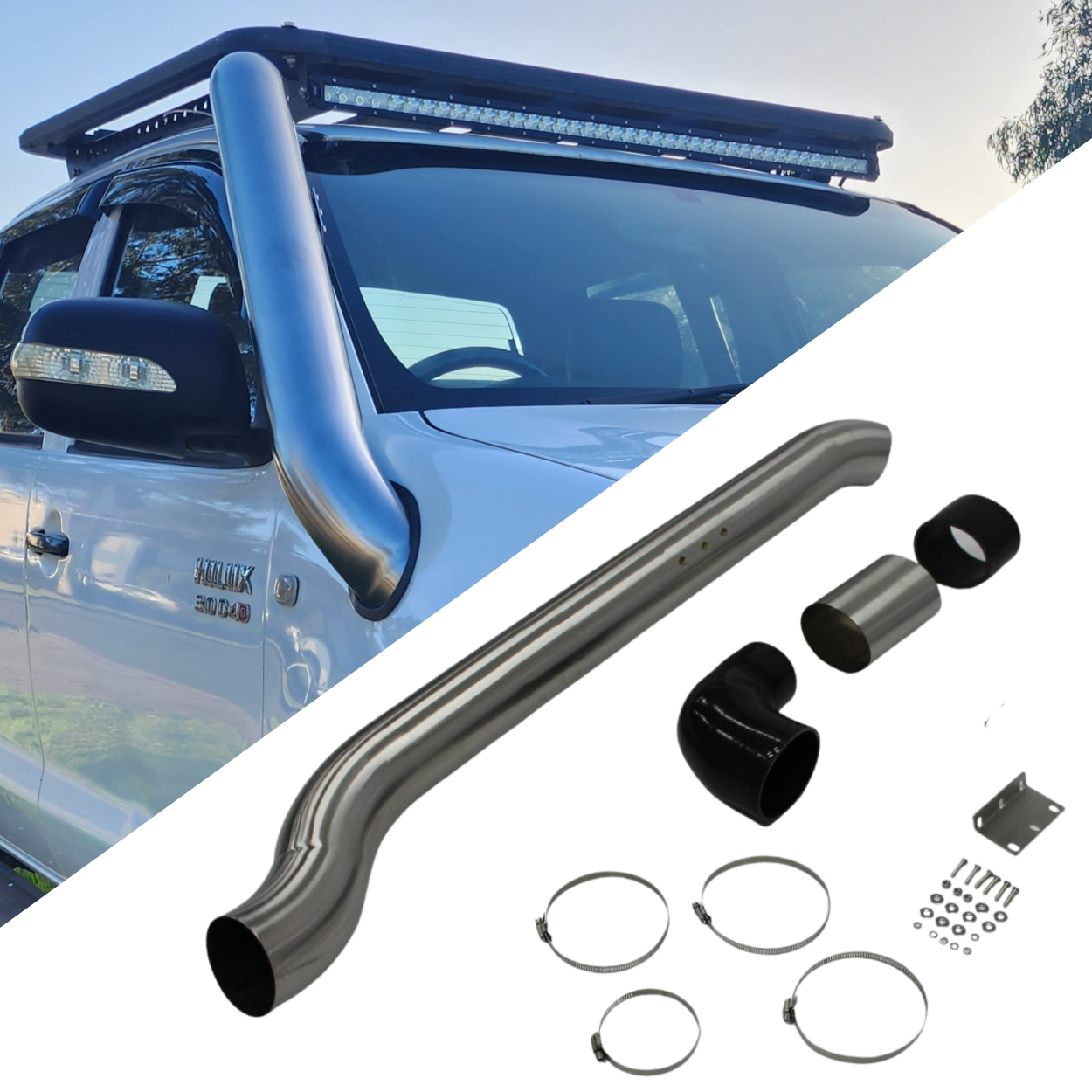 Cobra 4x4 Gen 2 4" Chrome Stainless Steel Snorkel Kit Suits Toyota Hilux 2005 - 2015 3.0L Turbo Air intake Pipe Diesel Petrol Silver