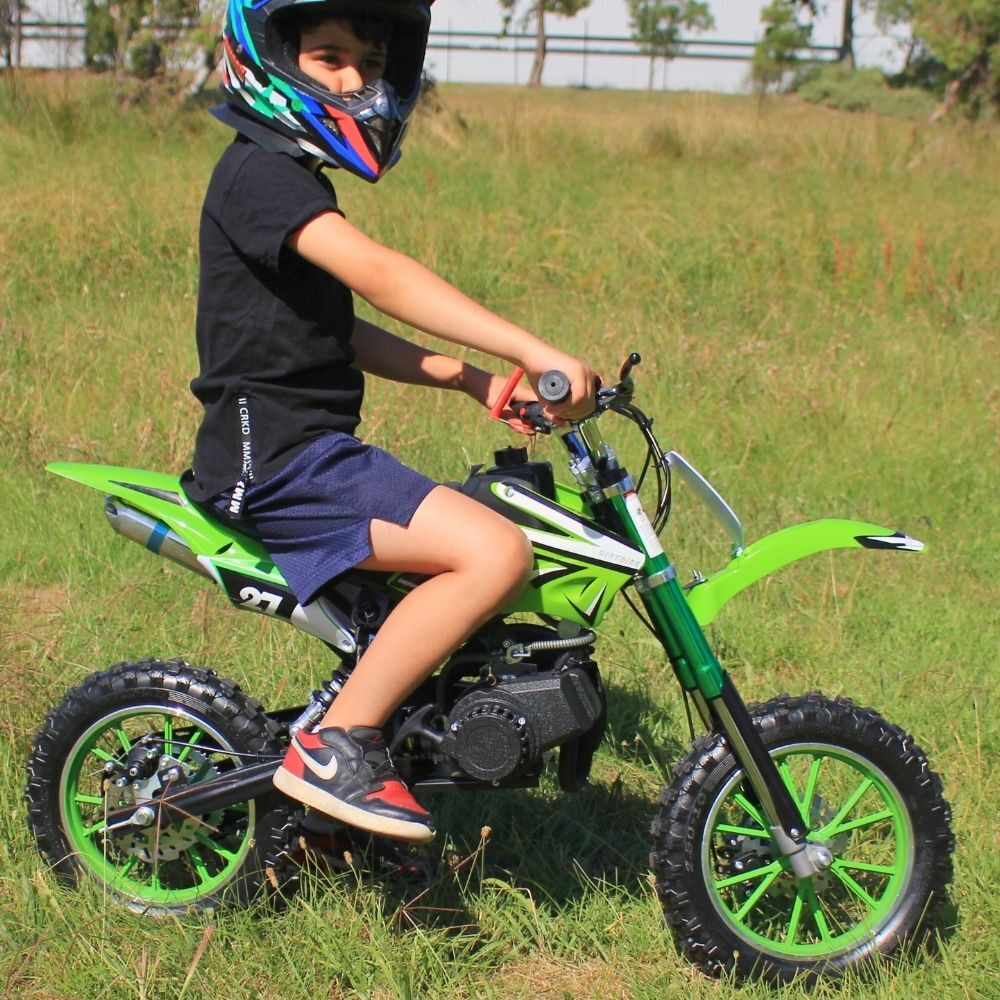 Kids 49CC Petrol Dirtbike For Kids Ride On Bike 2 Stroke Off Road Steel Green Dirt Motorbike