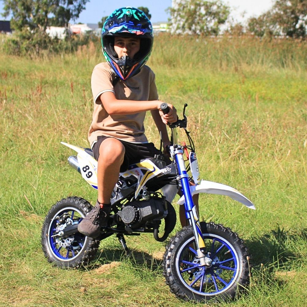 Kids 49CC Petrol Dirtbike Dirt Bike Ride On 2 Stroke Off Road Steel White Blue Yellow