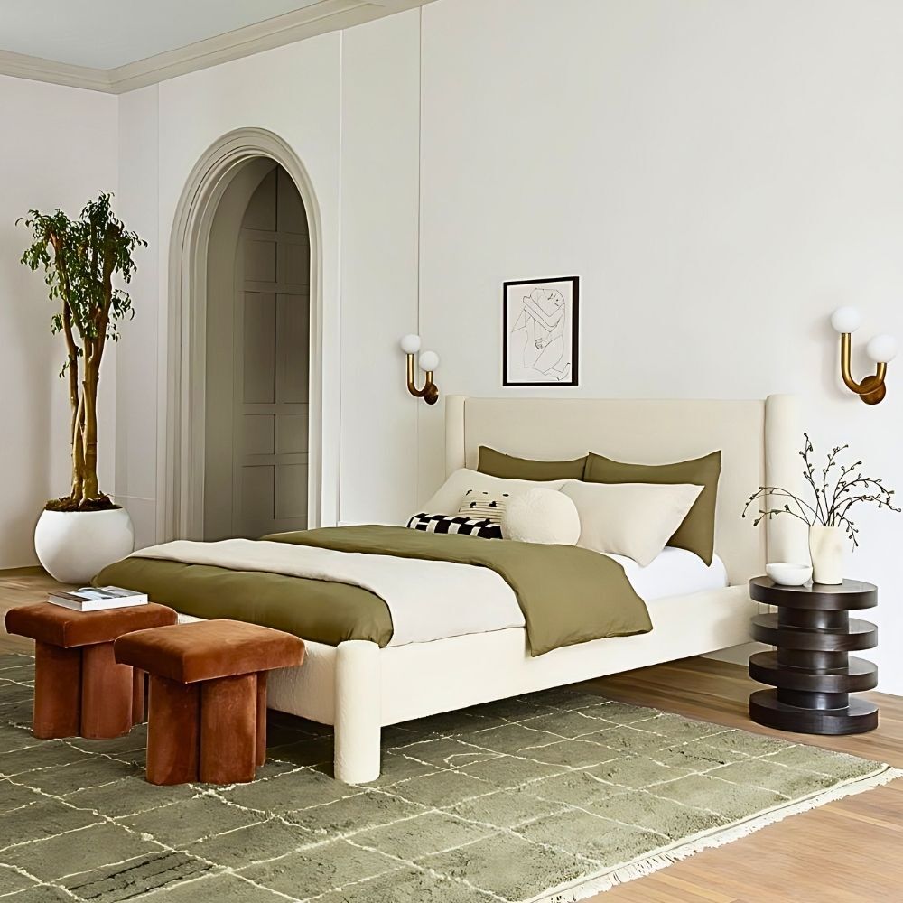 Ava King Bed Frame Teddy Fabric Beige Modern Upholstered Boucle Buttercream Headboard Vanilla 
