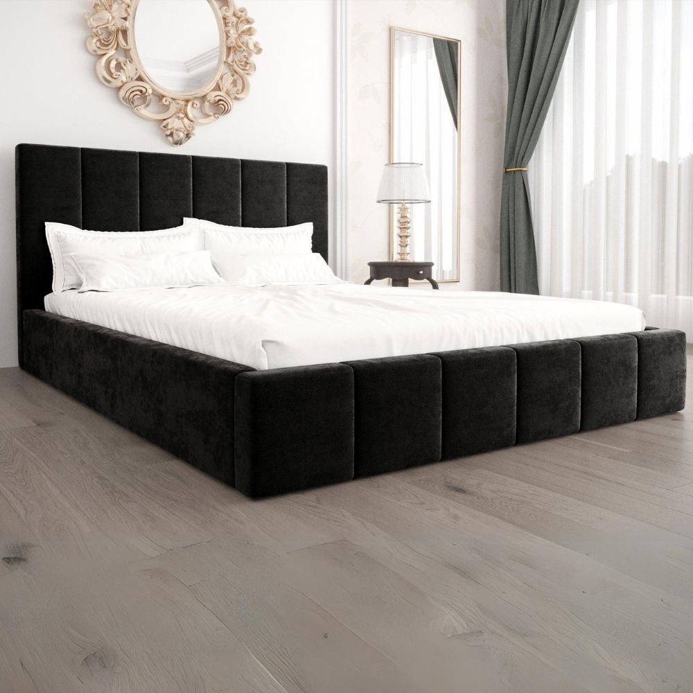 Luka Queen Bed Plush Velvet Fabric Black Modern Upholstered Frame & Headboard Comfortable 