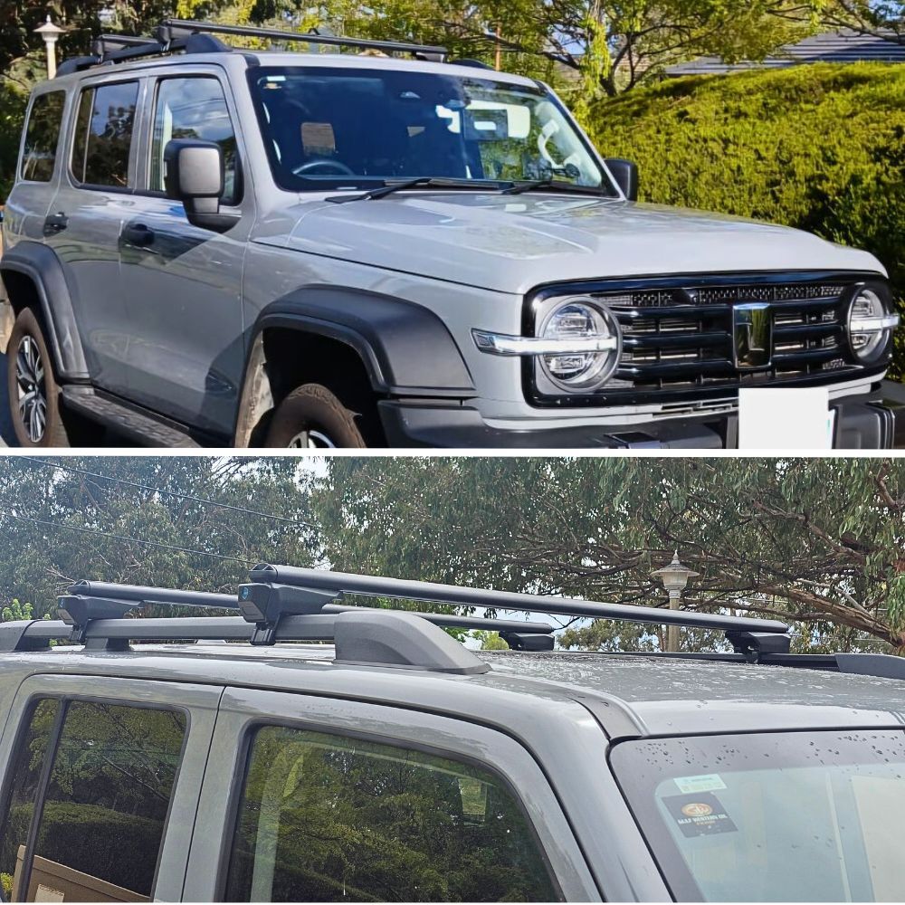 2 x Premium Aluminium Clamp Style Roof Cross Bars Suits Tank 300 raised rails 130cm Black Lockable Crossbars Rack Luggage Carrier