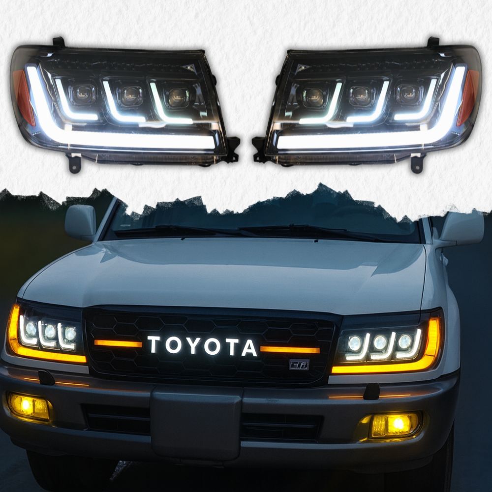Full LED Triple Lens V2 Head Lights Suits Landcruiser 100 Series DRL Headlights Pair Front Lamp Projector