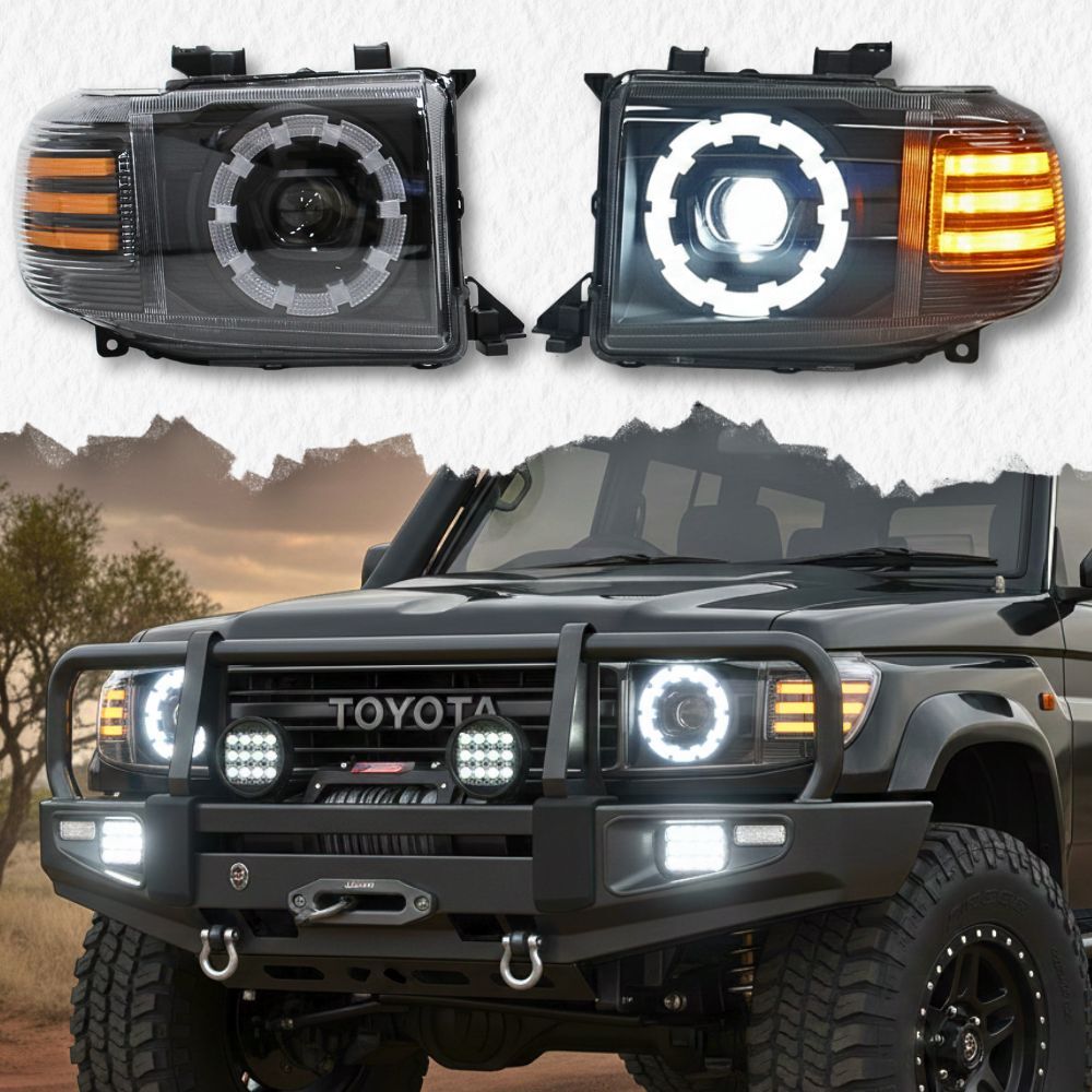 Halo-Ring LED Update Headlights Suits Toyota Landcruiser VDJ79 V8 70 76 78 79 Series 2007 - 2023 Orange Indicator Head Lights Lamp