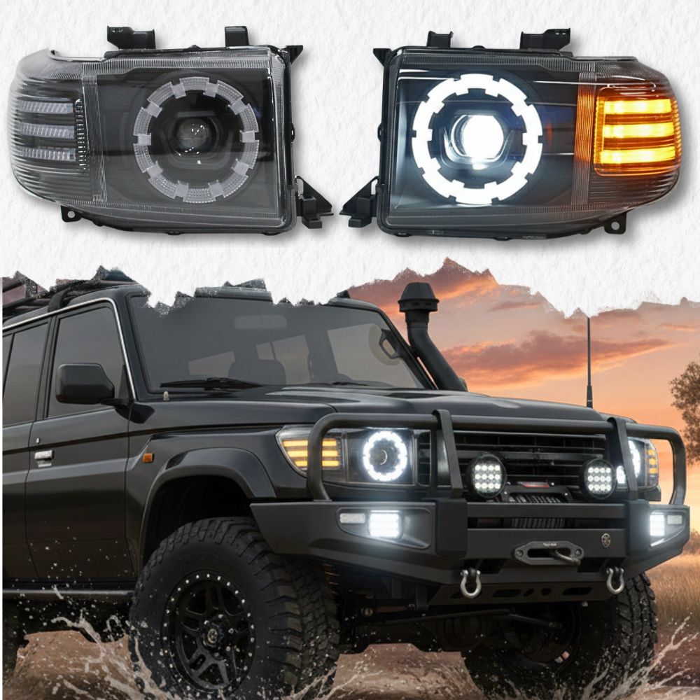 Halo-Ring LED Update Headlights Suits Toyota Landcruiser V8 70 76 78 79 Series 2007 - 2023 White Indicator Head Lights Lamp VDJ79 VDJ76