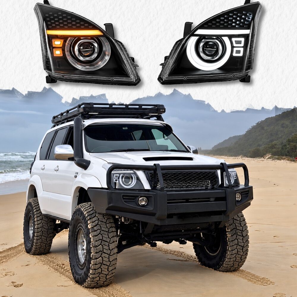 Angel Eye LED DRL Head Lights with Sequential Indicator Fits Landcruiser Prado 120 Series Front Headlights