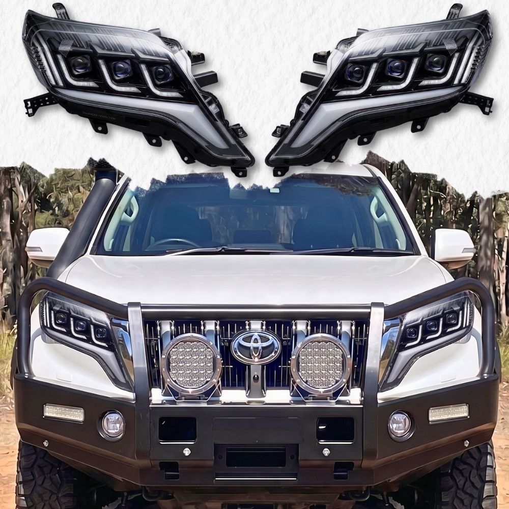LED Triple Lens Head Lights Suits Landcruiser Prado 150 Series 2013 - 2017 GXL Kakadu VX Headlights Pair Front Lamp Projector