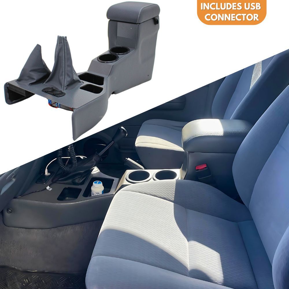 Full Length Center Console Suits Landcruiser 76 78 79 Series Grey Cup Holder USB Connector Arm Rest PU leather Plastic Centre