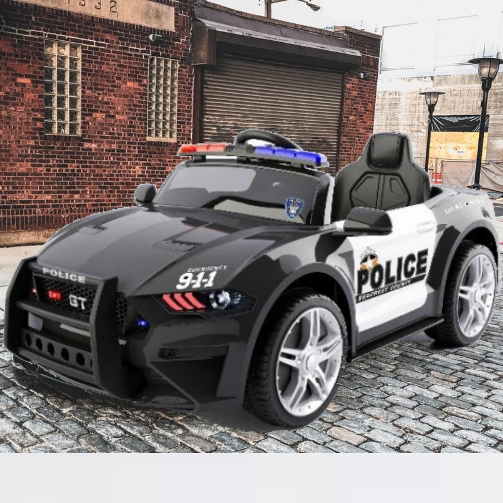 Police Cop Ride On Car Black Kids Remote Control Mustang Inspired