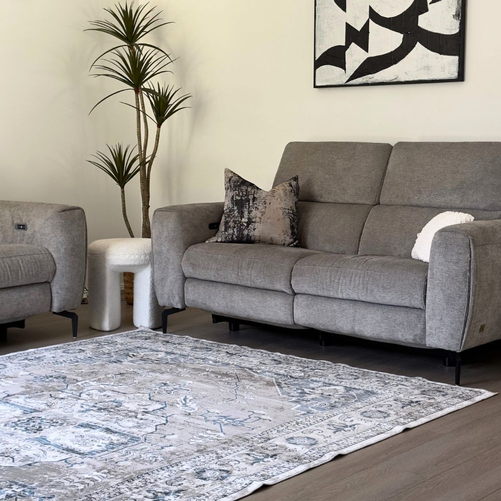 Blue Beige Medina Washable Carpet Rug 200 x 290cm Traditional Large Bedroom Living Room Anti-Slip Modern with Underlay