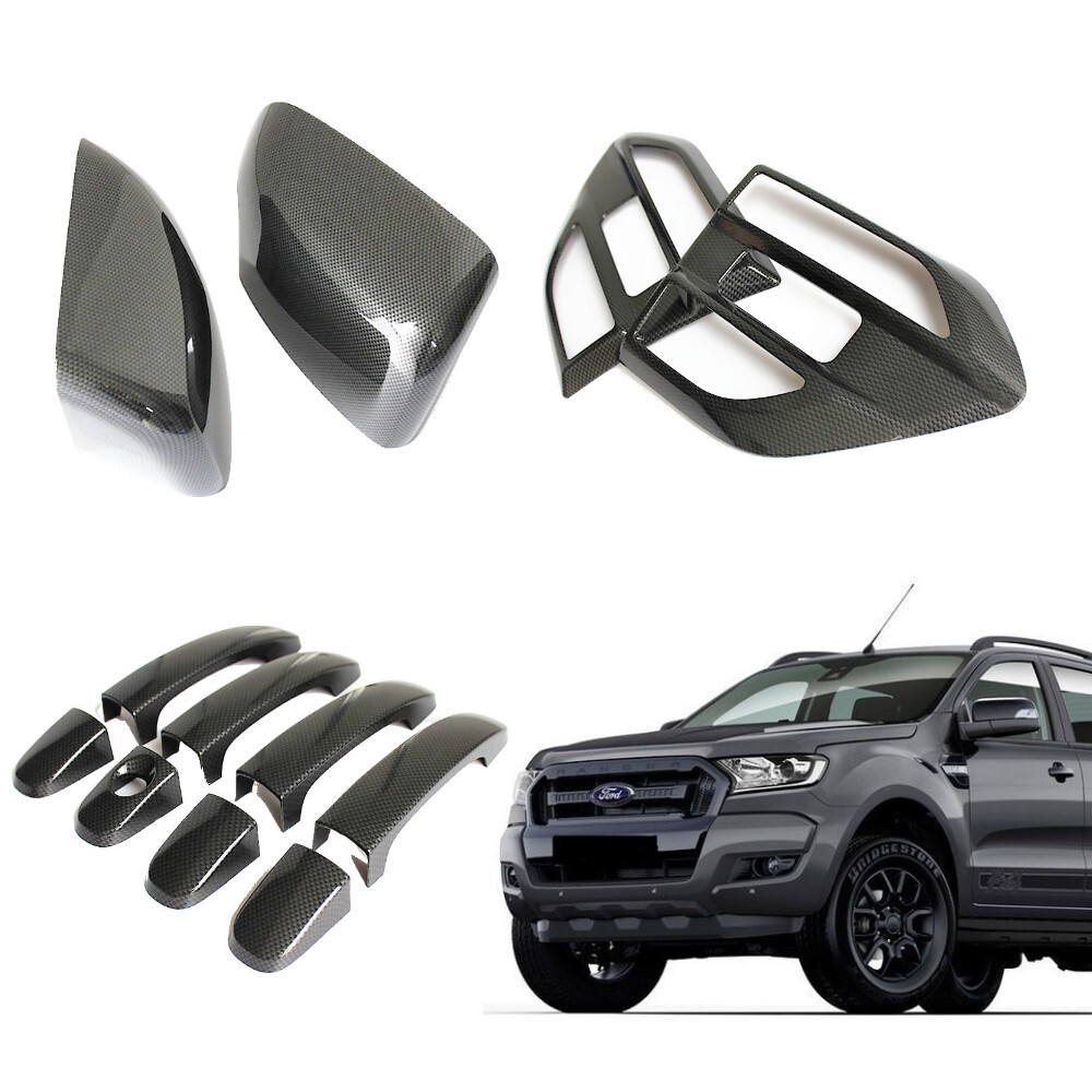 Mirrors + Handles + Side Wind Covers Carbon Fibre style FITS Ford Ranger PX MK2 PX2 2015-18 Fiber Everest