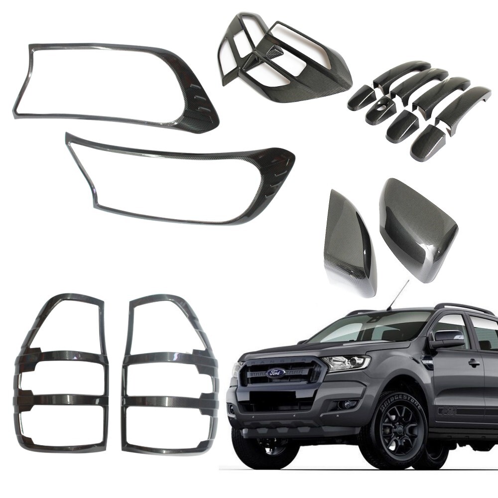 Mirrors + Handles + Side Wind + Light Covers Carbon Fibre style FITS Ford Ranger 2015 -19 Fiber PX2 