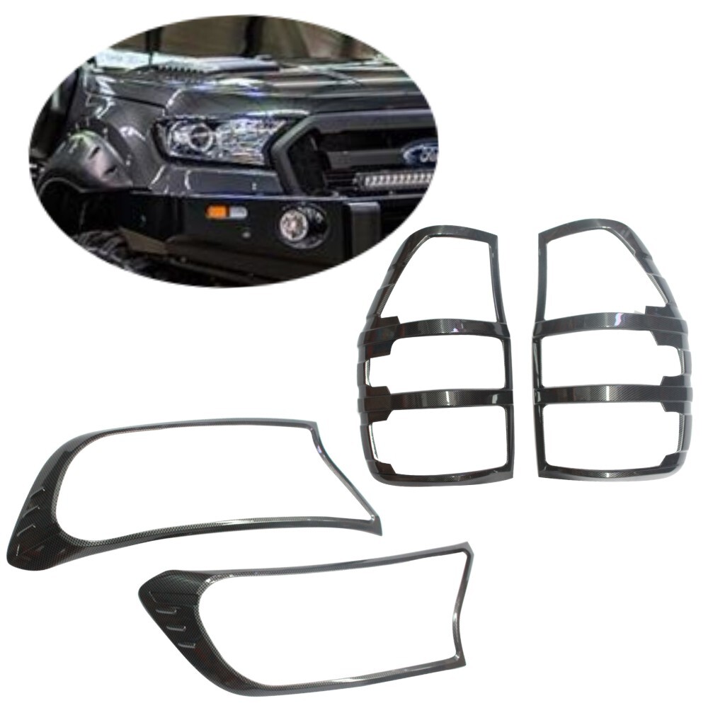 CARBON Fibre Head Light & Tail Light Trim Covers to Suits Ford Ranger 2015 - 2019 Fiber PX2 PX3