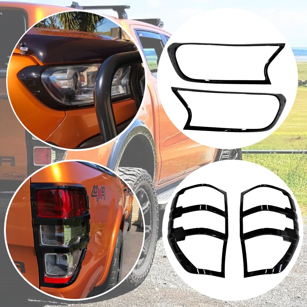 Gloss Black Head Light & Tail Light Trim Covers to Suits Ford Ranger 2015 - 2019 Fiber PX2 PX3 Front Rear