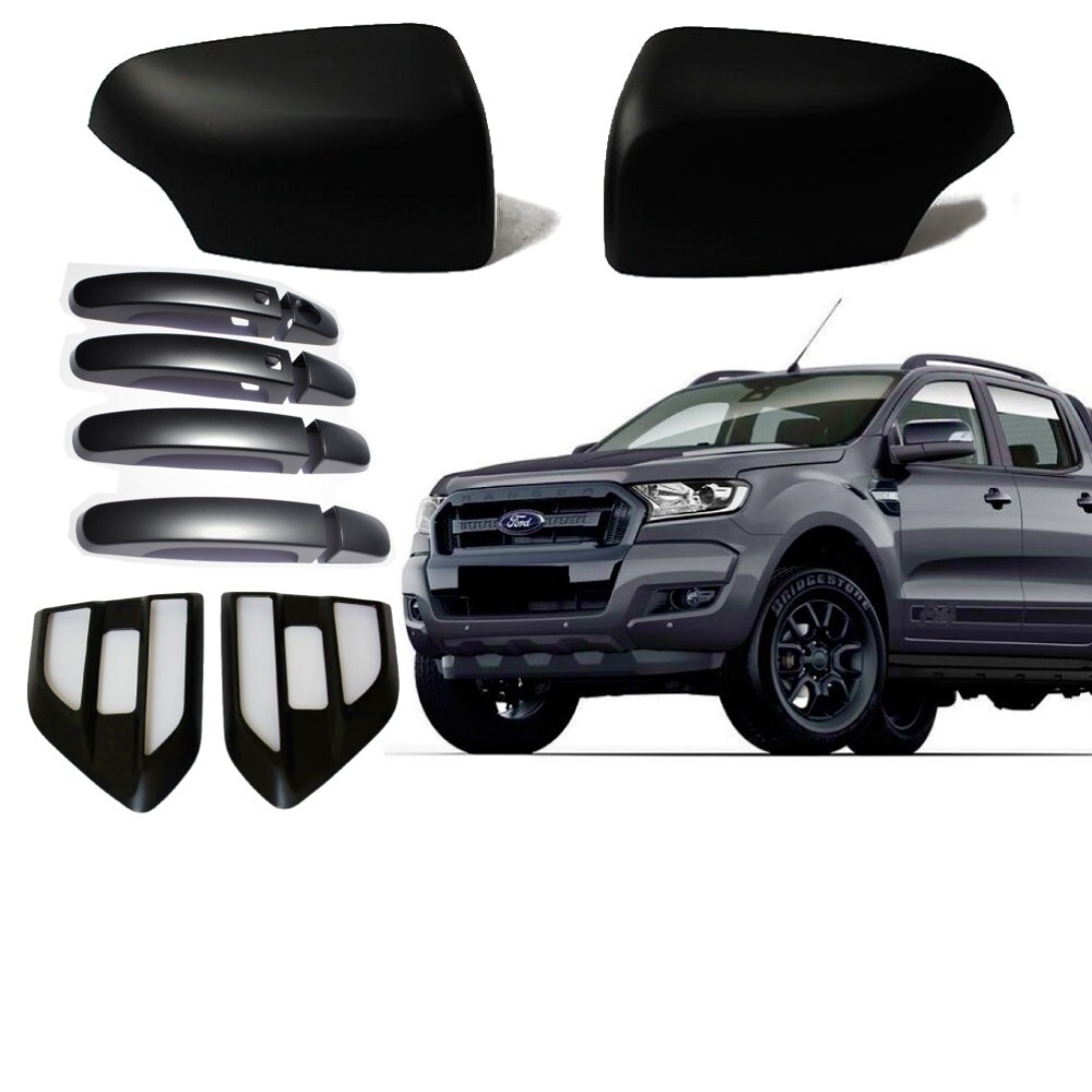 Mirrors + Handles + Side Wind Covers Matte Black FITS Ford Ranger 2018 2019 2020 Everest