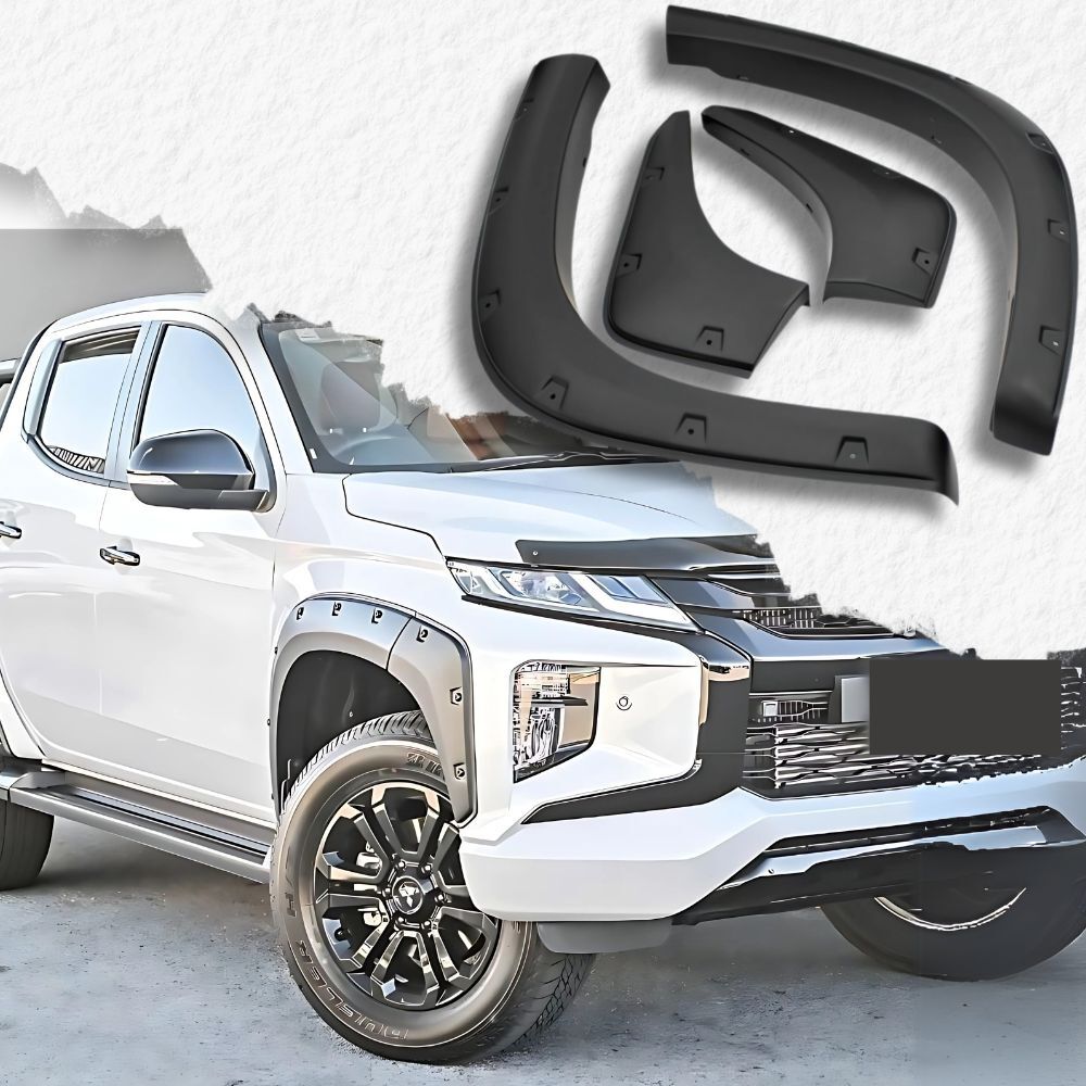 Front Pocket Style Smooth Matte Black Fender Flares Suits Mitsubishi Triton MR 2019 - 2023 with Adhesive tape