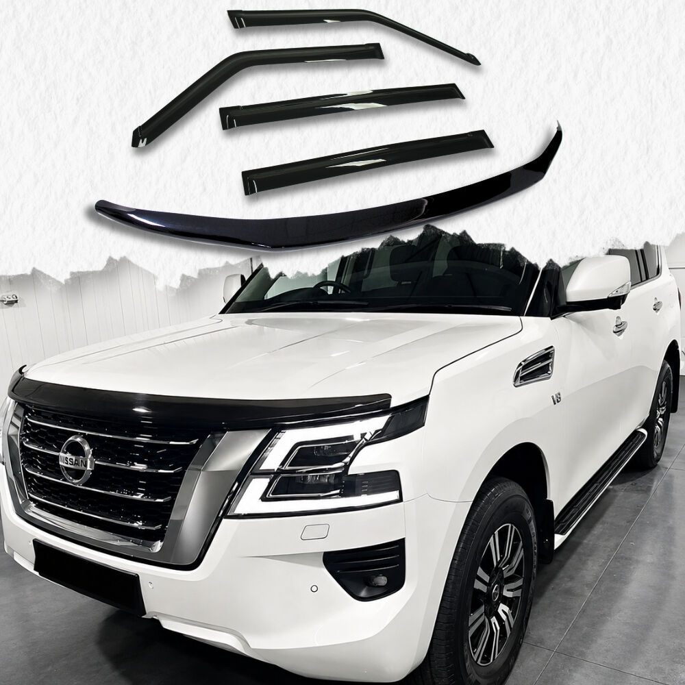 Bonnet Protector & Weather Shields fits Nissan Patrol Y62 2020 Onwards Facelift Black Weathershields Visors Strips Window