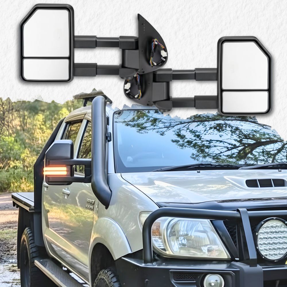G3 Extendable Towing Mirrors suit Toyota Hilux 2005 - 2015 Black Electric LED Indicators Caravan