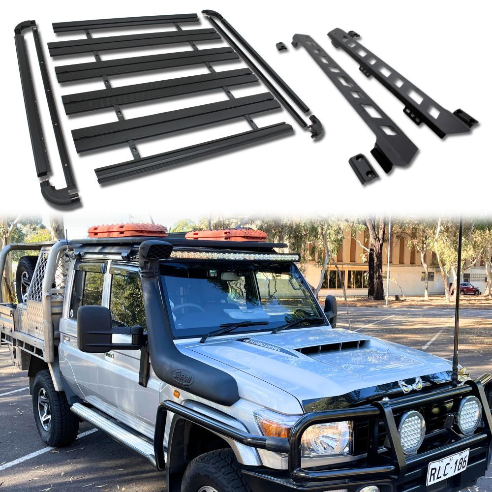 Full Length Aluminium Flat Roof Rack Cage Fits Landcruiser 79 Series Dual Cab 142.5cm x 150cm Rain Gutter Mounts Black