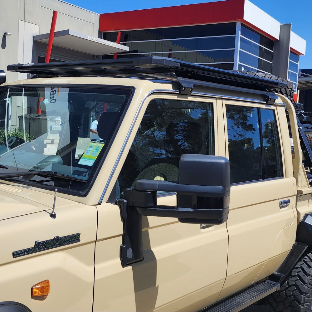 Full Length Aluminium Flat Roof Rack Cage Fits Landcruiser 79 Series Dual Cab 142.5cm x 150cm Rain Gutter Mounts Black