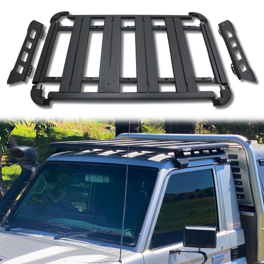Unassembled Aluminium Flat Roof Rack Fits Landcruiser 79 Series Single Cab 90cm x 142cm Rain Gutter Mounts Black Platform