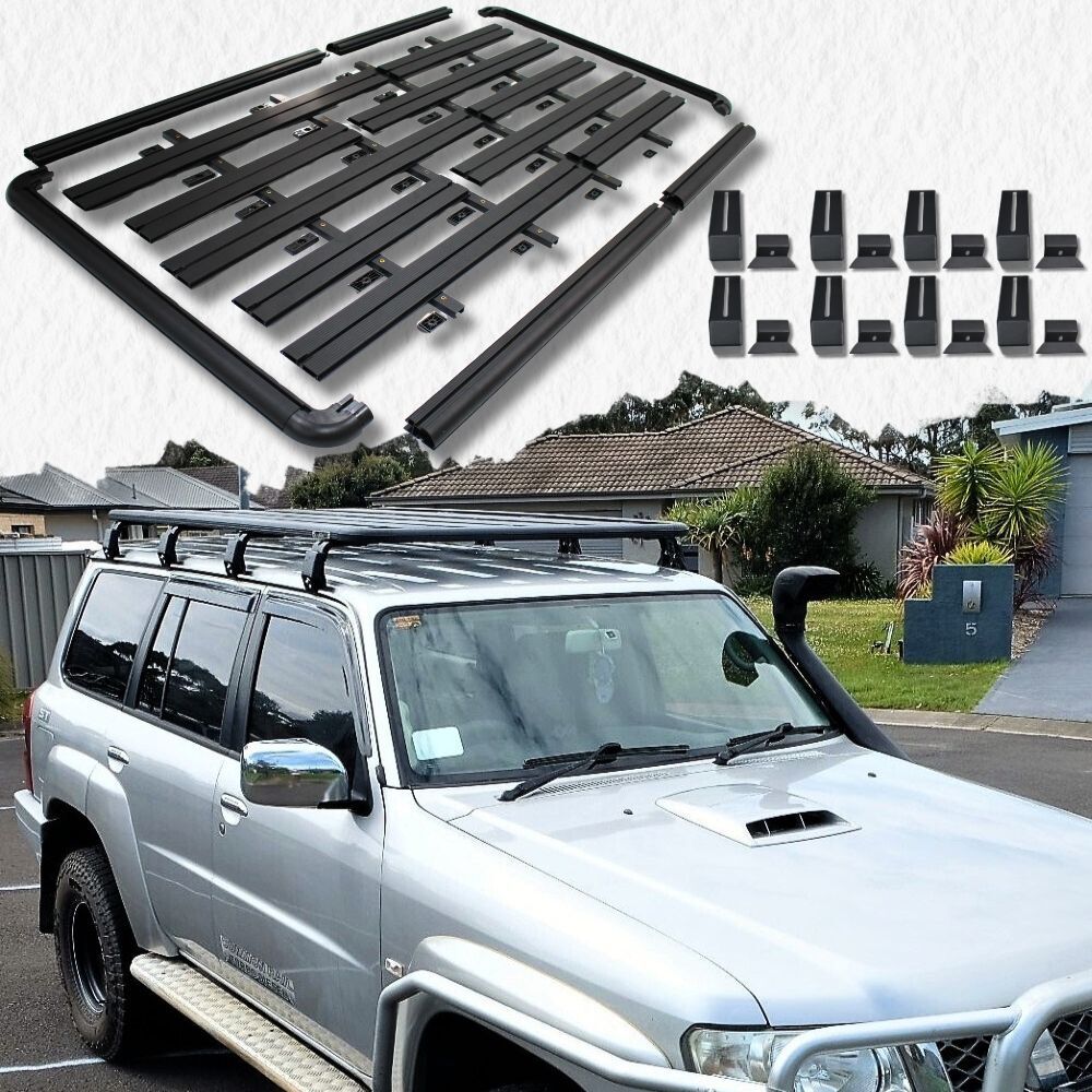Modular Panel Unassembled Aluminium Flat Roof Rack Suits Landcruiser 80 90 Series Prado Patrol GU GQ 220cm x 123cm Tradie Black Platform