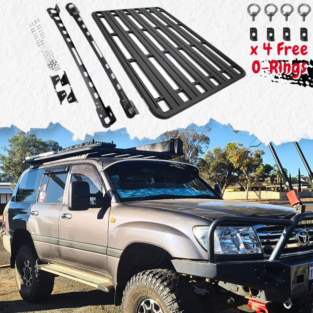 Aluminium Flat Roof Rack Cage Fits Landcruiser 100 105 Series LX470 4WD 1998 - 2007 220cm x 142cm Mounts Tradie Black