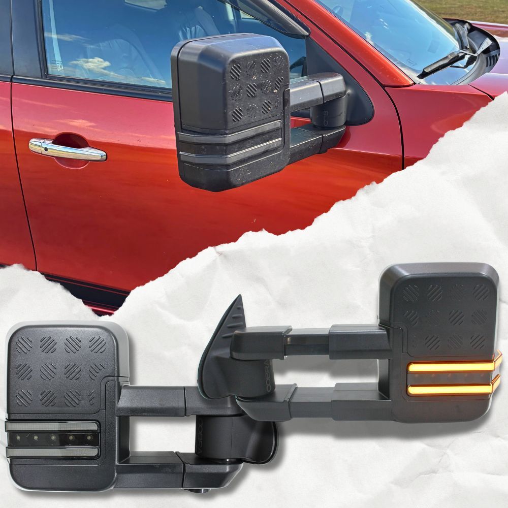 Cobra 4x4 Gen 2 Extendable Towing Mirrors Suit Landcruiser 100 105 Series Black Electric LED Indicators Caravan Trailer