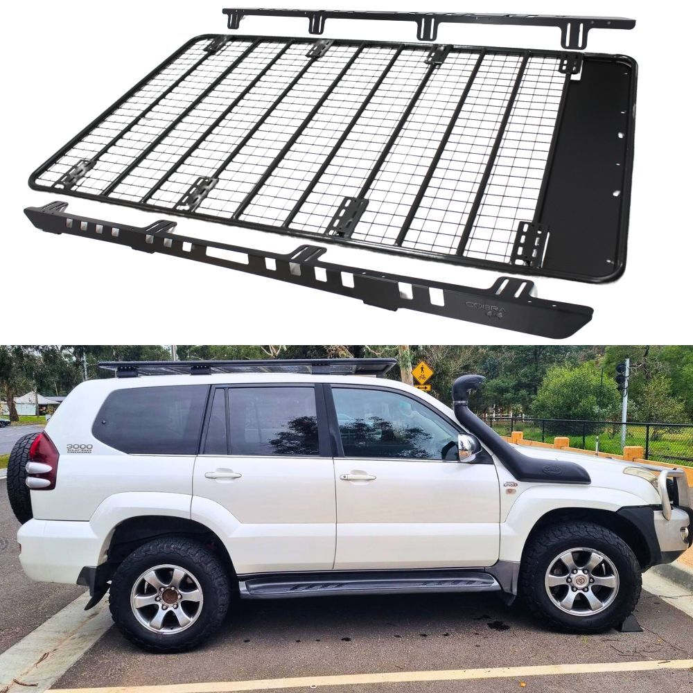 Steel Flat Roof Rack Platform fits Landcruiser Prado 120 Series 220cm x 125cm Brackets Black Powder Coated