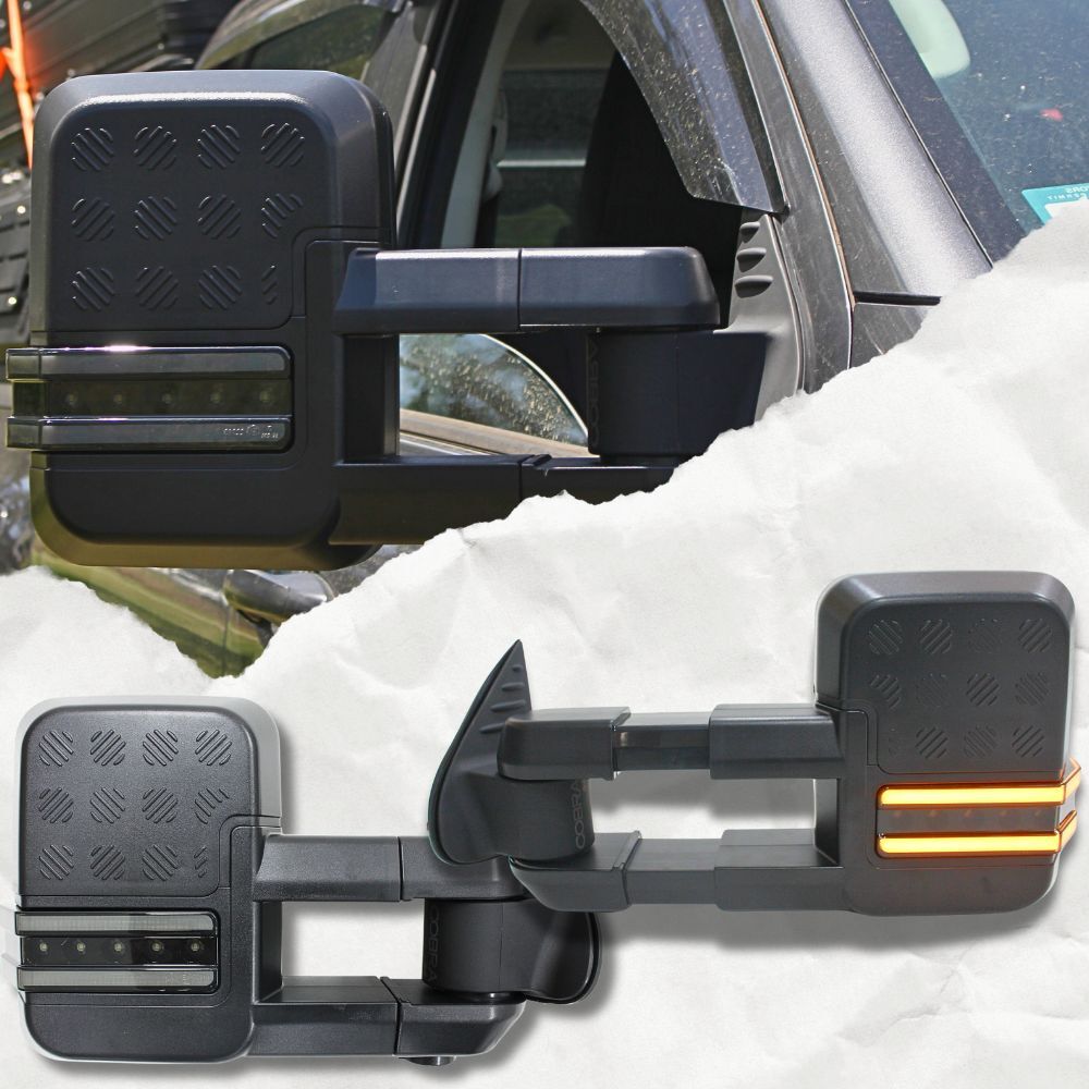 Cobra 4x4 Gen 2 Extendable Towing Mirrors Suit Landcruiser Prado 120 Series Black Electric LED Indicators Caravan Trailer