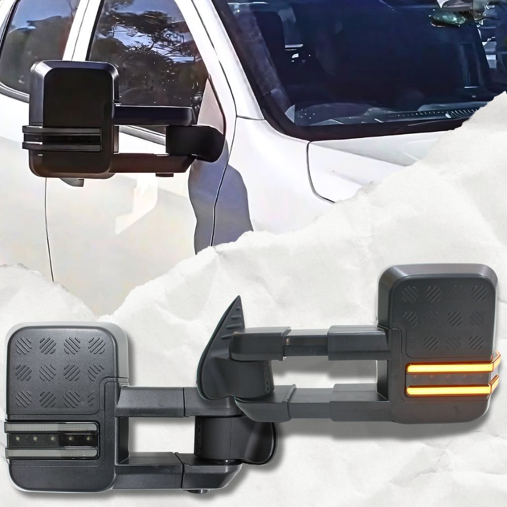 Cobra 4x4 Gen 2 Extendable Towing Mirrors Suit Landcruiser 200 Series 2007 Onwards Black Electric LED Indicators Caravan Trailer